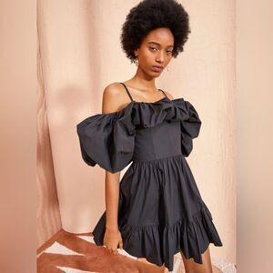 NWT Ulla Johnson Lila Ruffled Mini Dress Noir Black 2 Cotton Poplin Off Shoulder